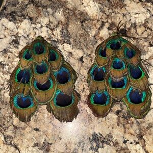 Peacock Feather Statement Drop Earrings - Green Blue